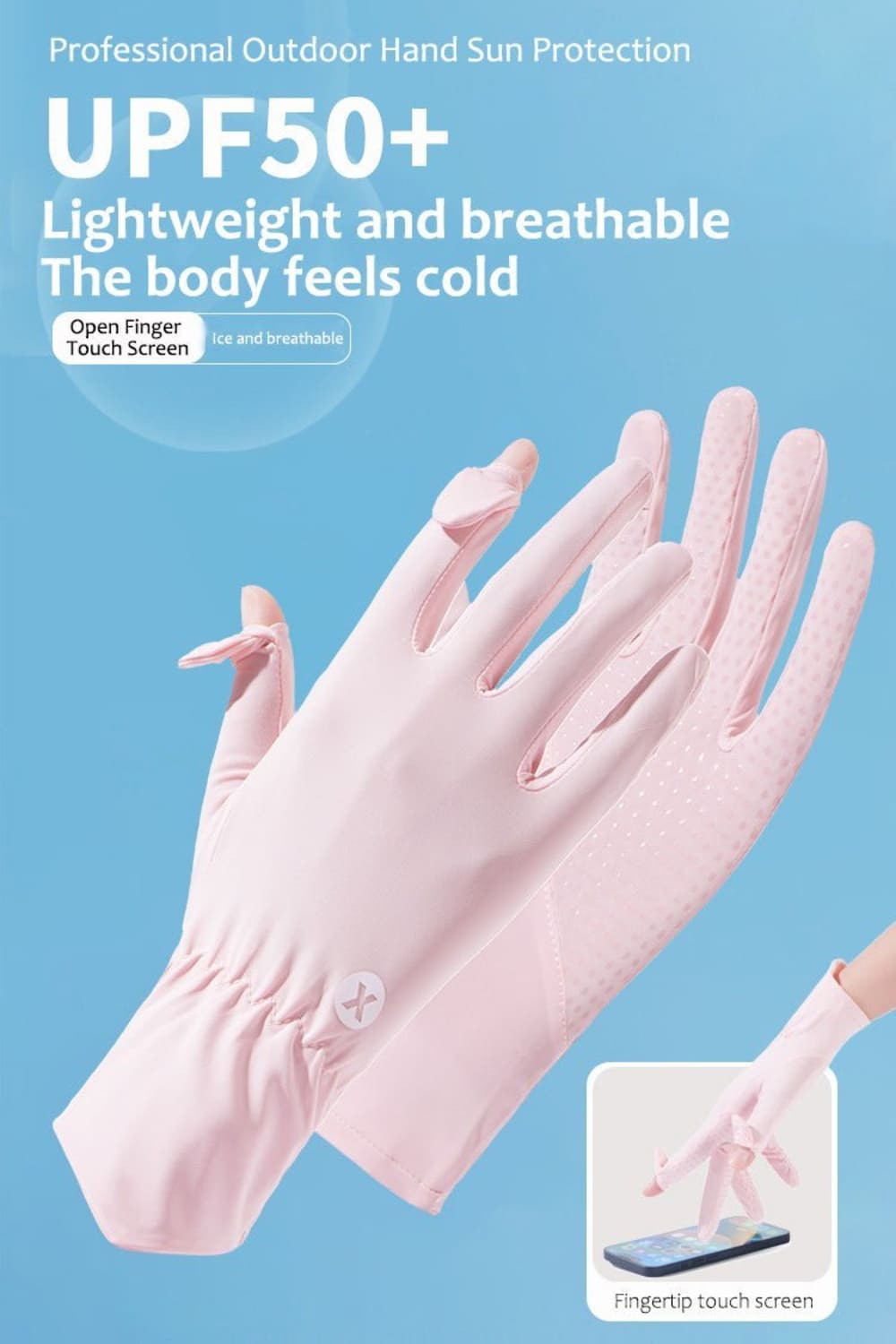 Pink gloves with text about UPF50+ protection and touch screen functionality on a blue background