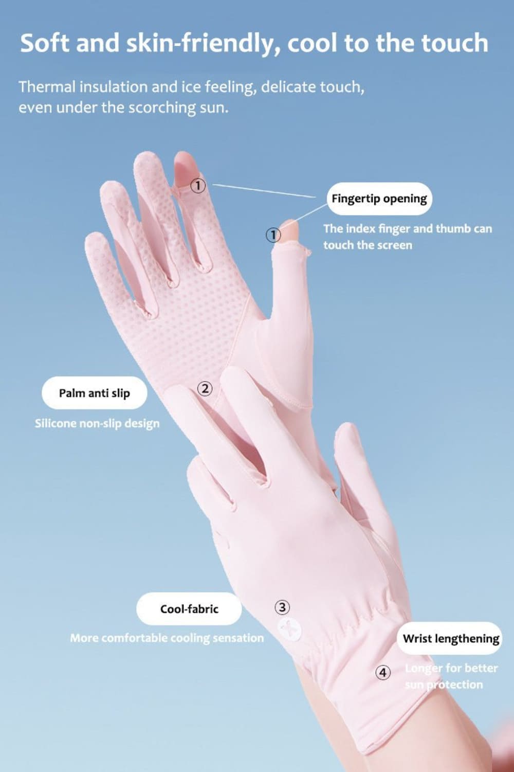 Pink glove with text highlighting features on a blue background