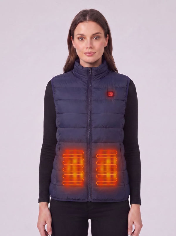 Women's Navy Heated Gilet with 2 heat pads anf a zip tand collar