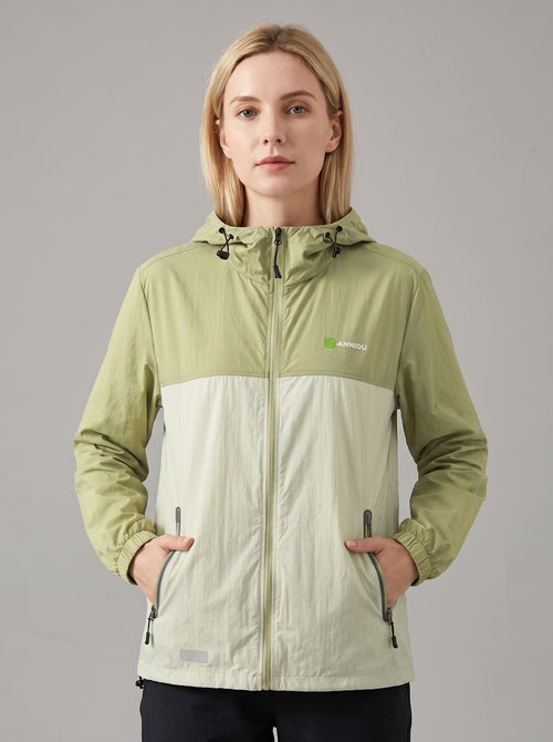 women's Lightweight Breathable UV Jacket with a hooded color-blocked design in #sandgreen and off-white, featuring a full front zipper, zippered hand pockets, and a small green logo on the left chest.