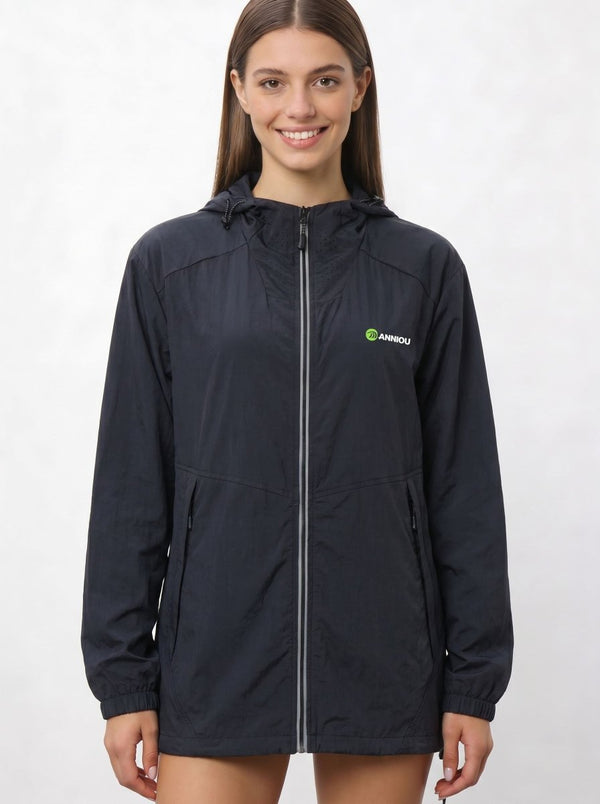 womens #black UV Protection Jacket with air vents to the necklin, Anniou logo and a zip up front