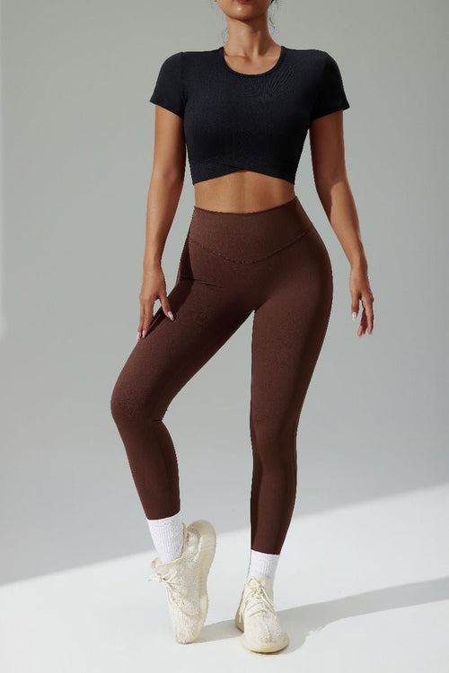 womens #black yoga crop top and brown leggings