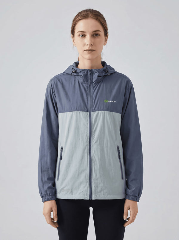 women's Lightweight Breathable UV Jacket with a hooded color-blocked design in #darkblue and gray, featuring a full front zipper, zippered hand pockets, and a small green logo on the left chest.