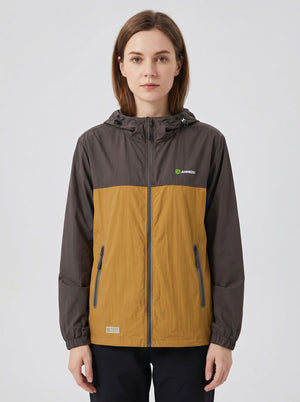 women's Lightweight Breathable UV Jacket with a hooded color-blocked design in #darkbrown and orange, featuring a full front zipper, zippered hand pockets, and a small green logo on the left chest.