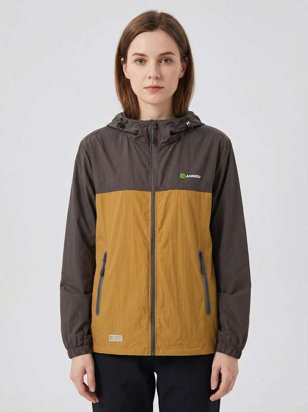 women's Lightweight Breathable UV Jacket with a hooded color-blocked design in #darkbrown and orange, featuring a full front zipper, zippered hand pockets, and a small green logo on the left chest.