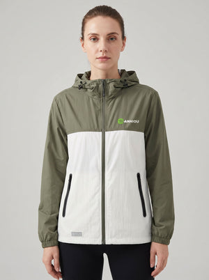 women's Lightweight Breathable UV Jacket with a hooded color-blocked design in green and white, featuring a full front zipper, zippered hand pockets, and a small green logo on the left chest.