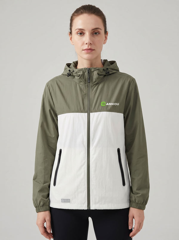 women's Lightweight Breathable UV Jacket with a hooded color-blocked design in green and white, featuring a full front zipper, zippered hand pockets, and a small green logo on the left chest.