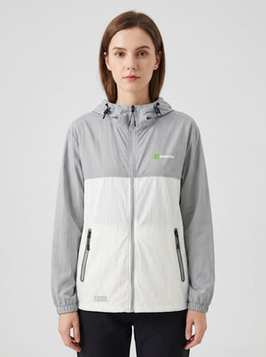 women's Lightweight Breathable UV Jacket with a hooded color-blocked design in #lightgray and white, featuring a full front zipper, zippered hand pockets, and a small green logo on the left chest.