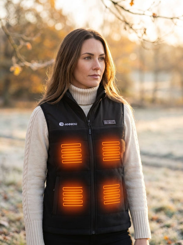A woman wearing a black insulated vest with glowing orange heated panel accents, photographed outdoors in a softly blurred autumn setting.
