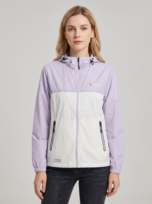 women's Lightweight Breathable UV Jacket with a hooded color-blocked design in #violet and white, featuring a full front zipper, zippered hand pockets, and a small green logo on the left chest.