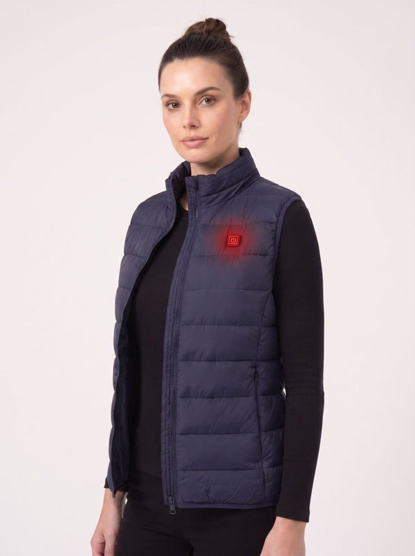 Women's Navy Blue Heated puffer Gilet with the zip undone