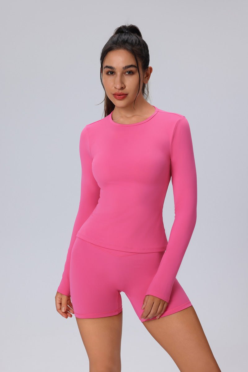 womens #pink Long Sleeve Yoga Top and shorts