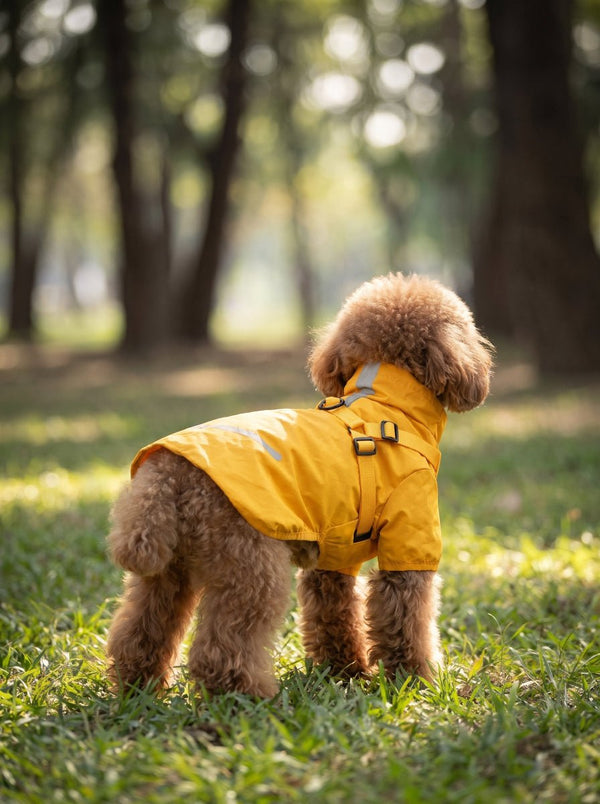 #yellow back of adjustable dog rainwear