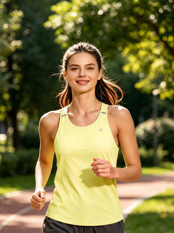 A young woman is jogging outdoors on a park running track. She wears a #yellow quick‑dry sports tank top and dark athletic shorts. Her hair is tied back in a ponytail, and she has a bright smile. Lush green trees form a sun‑dappled background.