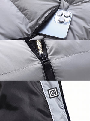 zipper pocket and switch details of #Grey Color Block Heated Quilted Jacket